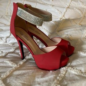 Bella Luna Red Platform Stilettos with Rhinestone Straps Size 7